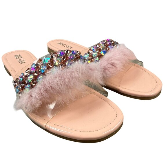 Faux Fur & Rhinestone Embellished Pink Slide Sandals Miss Lola Size 9 Slip On - Picture 1 of 16